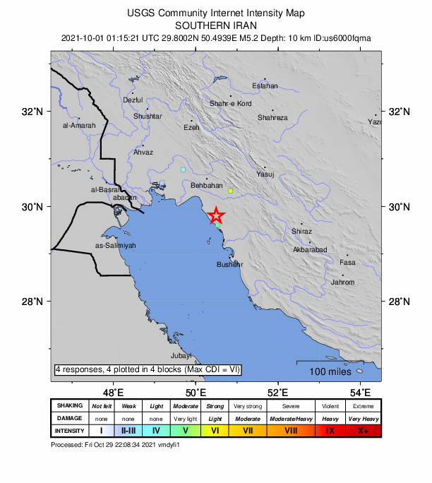 USGS DYFI community-reported intensity map for the M4.9 earthquake near 24 km N of Bandar-e Gen?veh, Iran