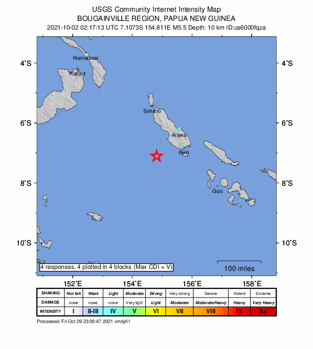 USGS DYFI community-reported intensity map for the M5.4 earthquake near 115 km SW of Panguna, Papua New Guinea
