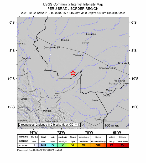 USGS DYFI community-reported intensity map for the M5.9 earthquake near 163 km SSW of Tarauacá, Brazil