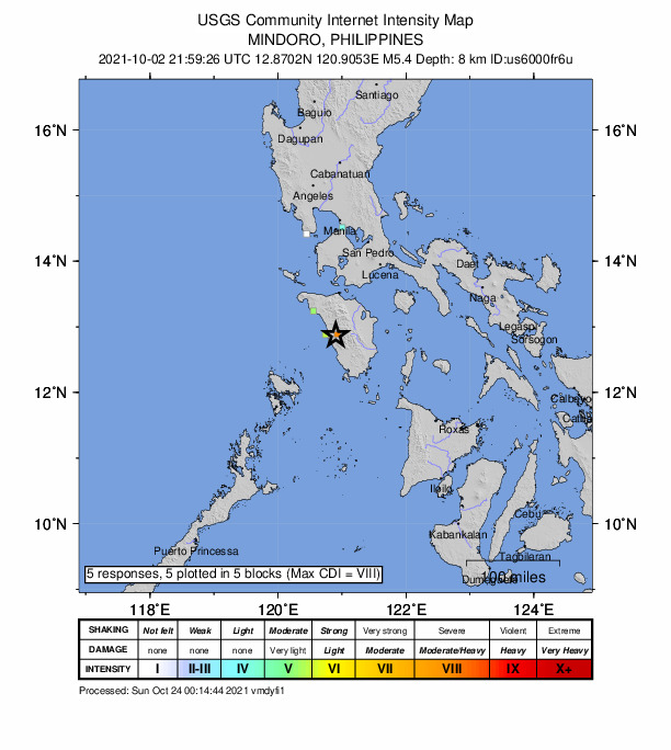 USGS DYFI community-reported intensity map for the M5.4 earthquake near 11 km NE of Tuban, Philippines