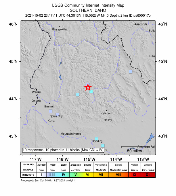 USGS DYFI community-reported intensity map for the M4.0 earthquake near 12 km NW of Stanley, Idaho