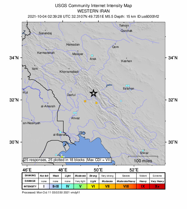 USGS DYFI community-reported intensity map for the M5.5 earthquake near 61 km NE of Masjed Soleym?n, Iran