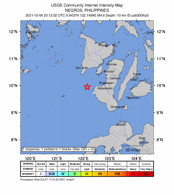 USGS DYFI community-reported intensity map for the M4.6 earthquake near 29 km WNW of Bulata, Philippines