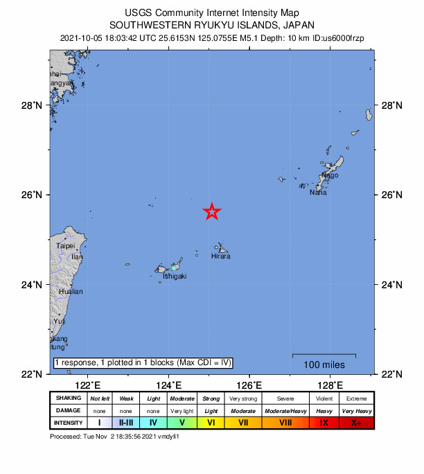USGS DYFI community-reported intensity map for the M5.1 earthquake near 92 km NNW of Hirara, Japan