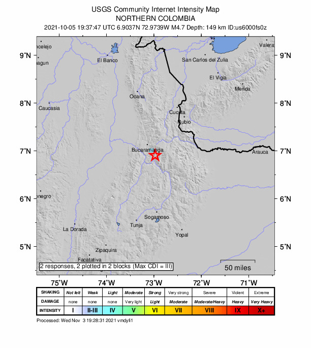 USGS DYFI community-reported intensity map for the M4.7 earthquake near 12 km SW of Santa Bárbara, Colombia