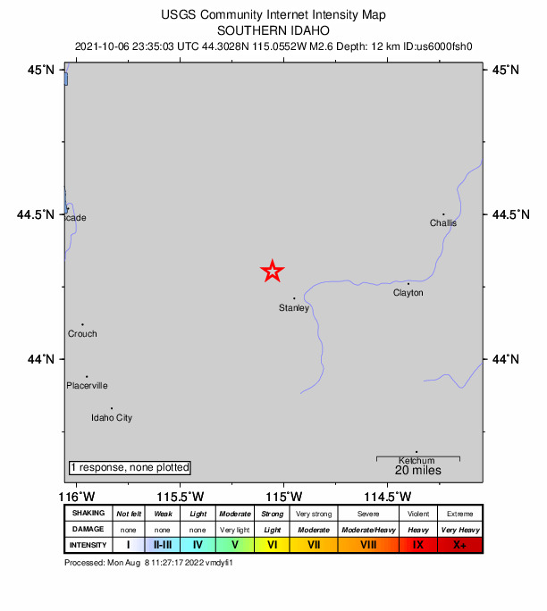 USGS DYFI community-reported intensity map for the M2.6 earthquake near 13 km NW of Stanley, Idaho