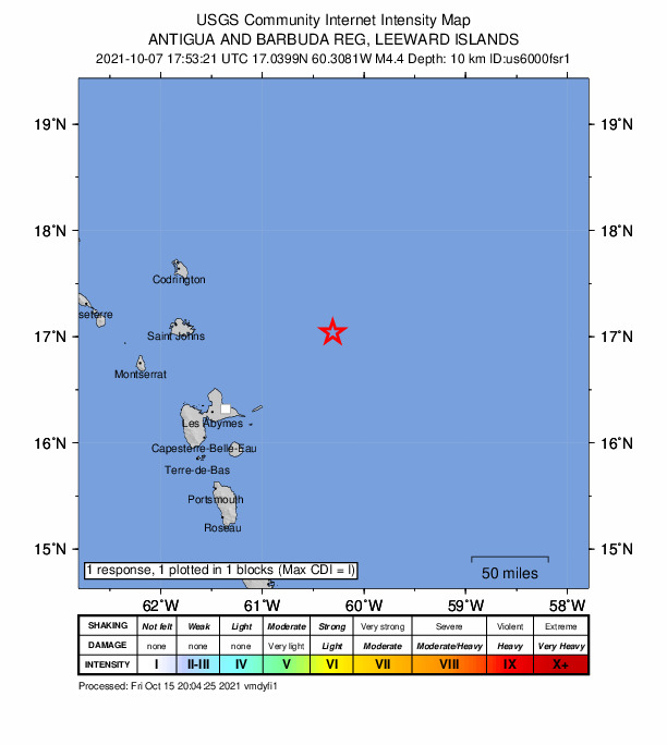 USGS DYFI community-reported intensity map for the M4.4 earthquake near 115 km NE of Beauséjour, Guadeloupe
