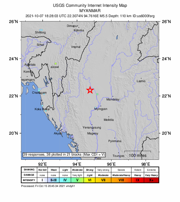 USGS DYFI community-reported intensity map for the M5.5 earthquake near 44 km WNW of Monywa, Myanmar