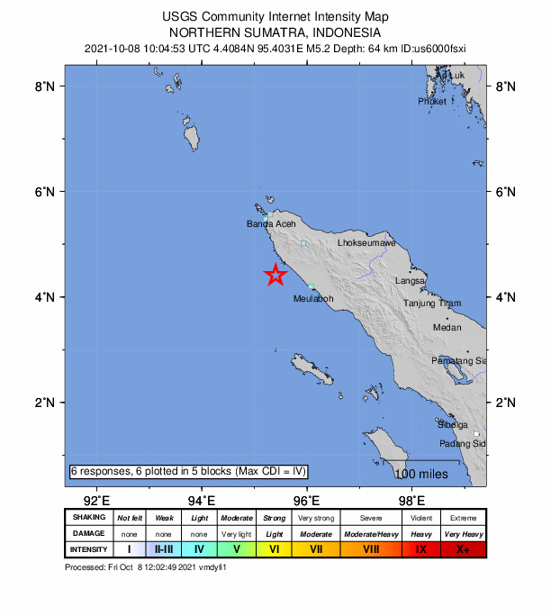 USGS DYFI community-reported intensity map for the M5.2 earthquake near 82 km WNW of Meulaboh, Indonesia