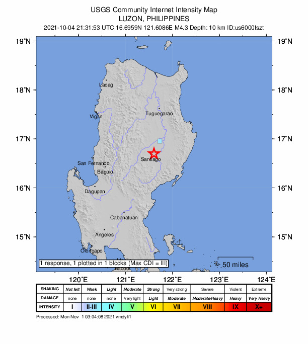 USGS DYFI community-reported intensity map for the M4.3 earthquake near 0 km WSW of Ramos West, Philippines