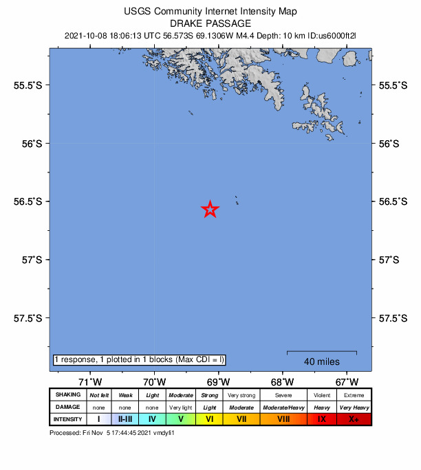 USGS DYFI community-reported intensity map for the M4.4 earthquake near 202 km SSW of Ushuaia, Argentina