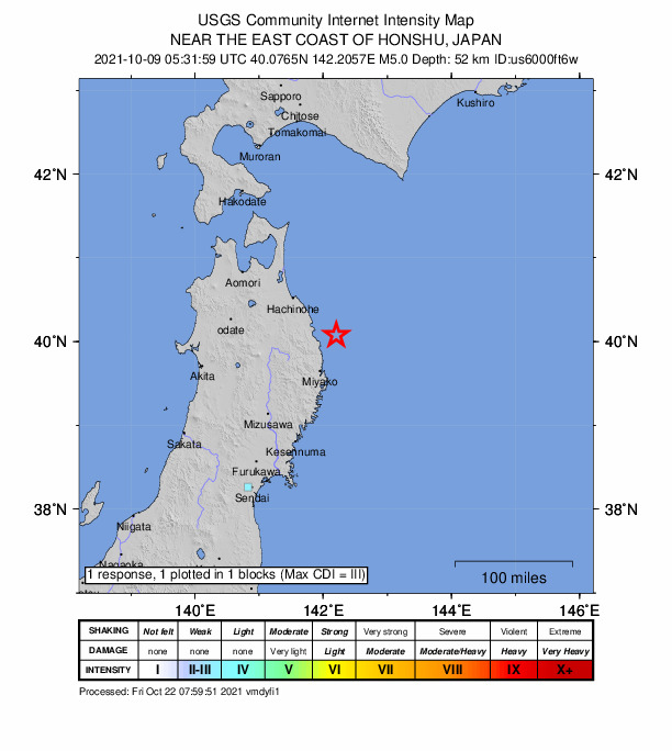 USGS DYFI community-reported intensity map for the M5.0 earthquake near 52 km NNE of Miyako, Japan