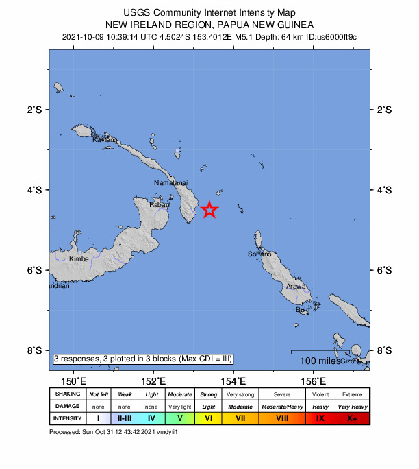 USGS DYFI community-reported intensity map for the M5.1 earthquake near 126 km E of Kokopo, Papua New Guinea