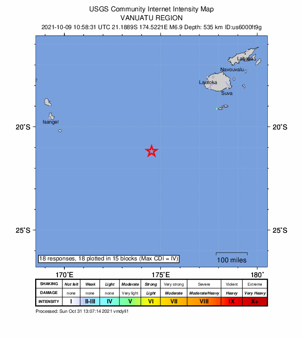USGS DYFI community-reported intensity map for the M6.9 earthquake near Vanuatu region