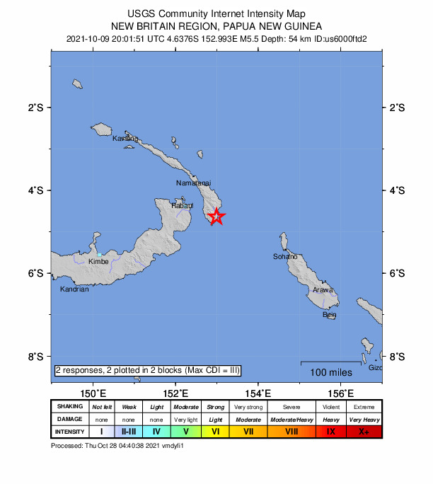 USGS DYFI community-reported intensity map for the M5.5 earthquake near 86 km ESE of Kokopo, Papua New Guinea