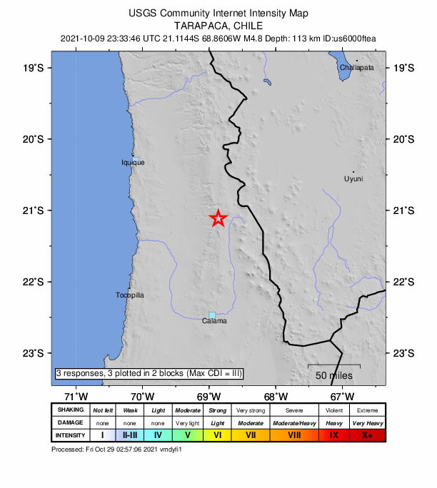 USGS DYFI community-reported intensity map for the M4.8 earthquake near 148 km N of Calama, Chile