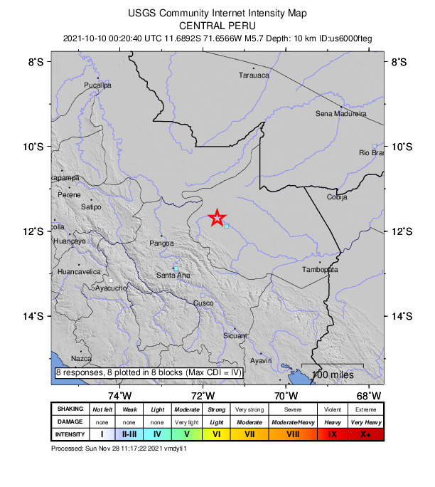 USGS DYFI community-reported intensity map for the M5.7 earthquake near 130 km NNW of Salvación, Peru