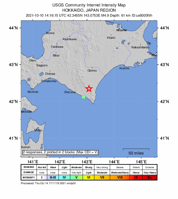 USGS DYFI community-reported intensity map for the M4.9 earthquake near 58 km E of Shizunai-furukawach?, Japan