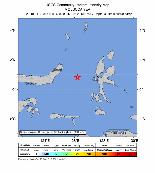 USGS DYFI community-reported intensity map for the M5.7 earthquake near 131 km W of Ternate, Indonesia
