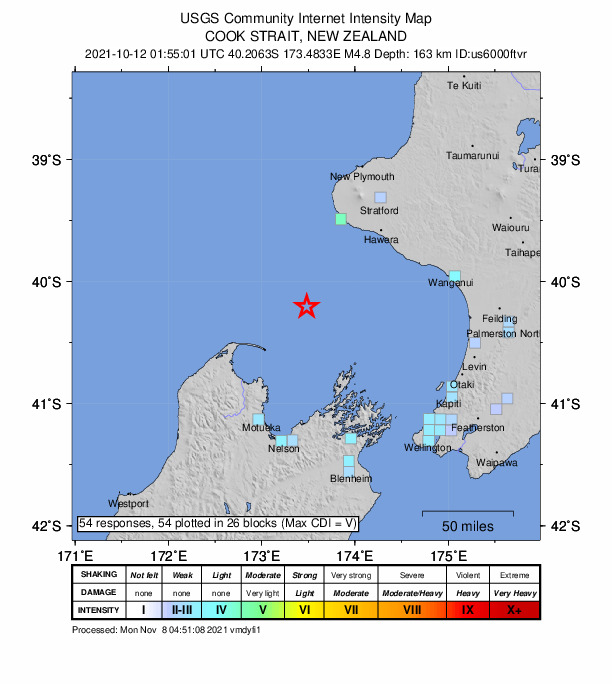 USGS DYFI community-reported intensity map for the M4.8 earthquake near 89 km SSW of Opunake, New Zealand