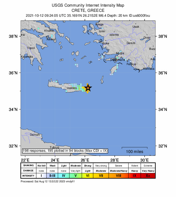 USGS DYFI community-reported intensity map for the M6.4 earthquake near 4 km SW of Palekastro, Greece