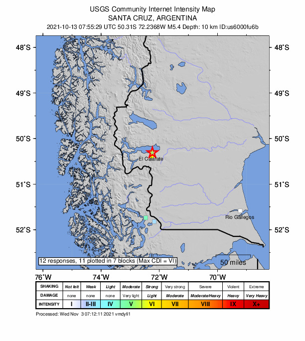 USGS DYFI community-reported intensity map for the M5.4 earthquake near 2 km NE of El Calafate, Argentina