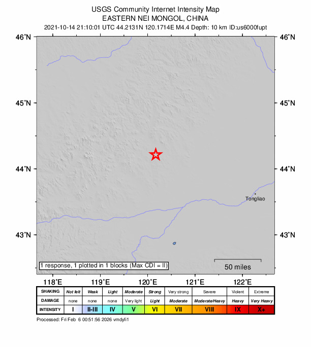 USGS DYFI community-reported intensity map for the M4.4 earthquake near 180 km WNW of Tongliao, China