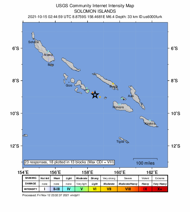 USGS DYFI community-reported intensity map for the M6.4 earthquake near 148 km WSW of Buala, Solomon Islands