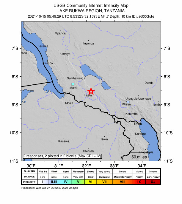 USGS DYFI community-reported intensity map for the M4.7 earthquake near 12 km ENE of Laela, Tanzania