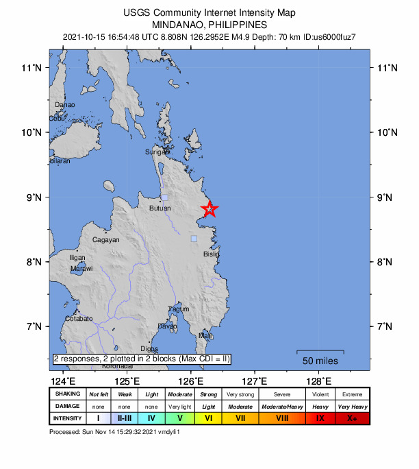 USGS DYFI community-reported intensity map for the M4.9 earthquake near 3 km WNW of Marihatag, Philippines
