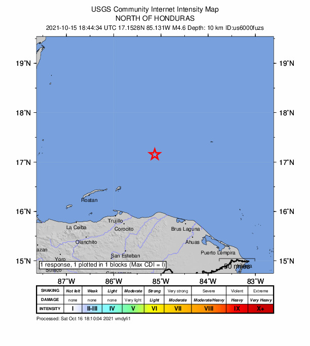 USGS DYFI community-reported intensity map for the M4.6 earthquake near 108 km NE of Savannah Bight, Honduras