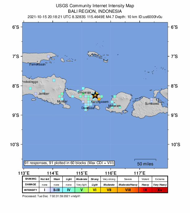 USGS DYFI community-reported intensity map for the M4.7 earthquake near 18 km NNE of Banjar Wangsian, Indonesia