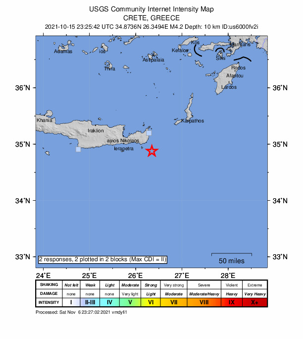 USGS DYFI community-reported intensity map for the M4.2 earthquake near 37 km SSE of Palekastro, Greece