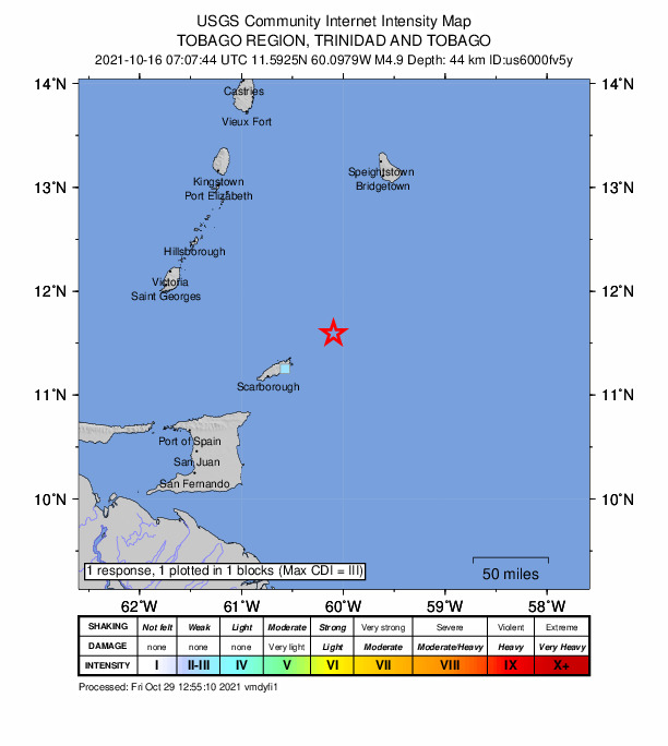 USGS DYFI community-reported intensity map for the M4.9 earthquake near 83 km ENE of Scarborough, Trinidad and Tobago