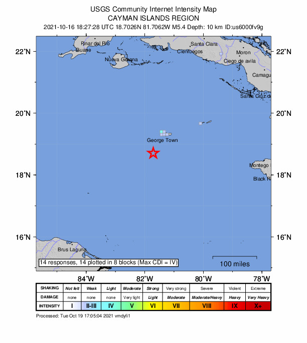 USGS DYFI community-reported intensity map for the M5.4 earthquake near 73 km SSW of George Town, Cayman Islands