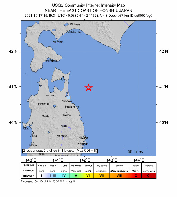 USGS DYFI community-reported intensity map for the M4.8 earthquake near near the east coast of Honshu, Japan