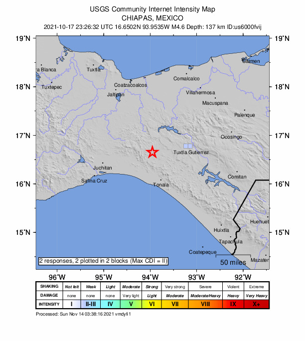 USGS DYFI community-reported intensity map for the M4.6 earthquake near 11 km NW of Pomposo Castellanos, Mexico