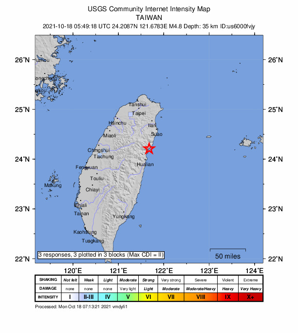 USGS DYFI community-reported intensity map for the M4.8 earthquake near 23 km NNE of Hualien City, Taiwan