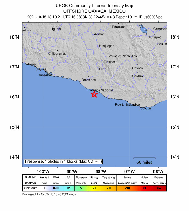 USGS DYFI community-reported intensity map for the M4.3 earthquake near 43 km S of Santiago Tepextla, Mexico