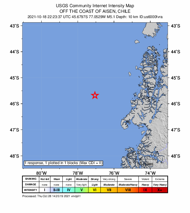 USGS DYFI community-reported intensity map for the M5.1 earthquake near Off the coast of Aisen, Chile