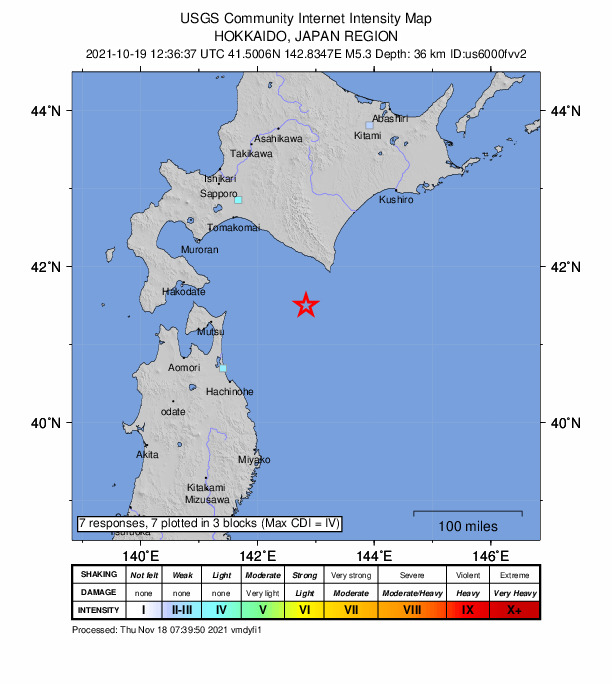 USGS DYFI community-reported intensity map for the M5.3 earthquake near 98 km SSE of Shizunai-furukawach?, Japan