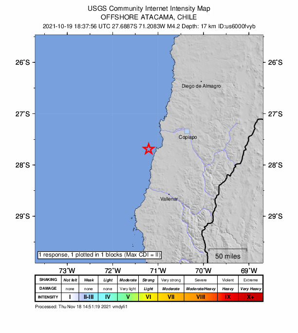 USGS DYFI community-reported intensity map for the M4.2 earthquake near 92 km WSW of Copiapó, Chile