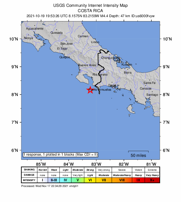 USGS DYFI community-reported intensity map for the M4.4 earthquake near 36 km WSW of Puerto Armuelles, Panama