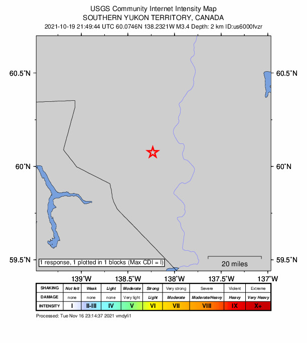 USGS DYFI community-reported intensity map for the M3.4 earthquake near 87 km SSW of Haines Junction, Canada