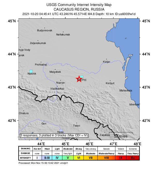 USGS DYFI community-reported intensity map for the M4.8 earthquake near 1 km N of Alkhan-Yurt, Russia