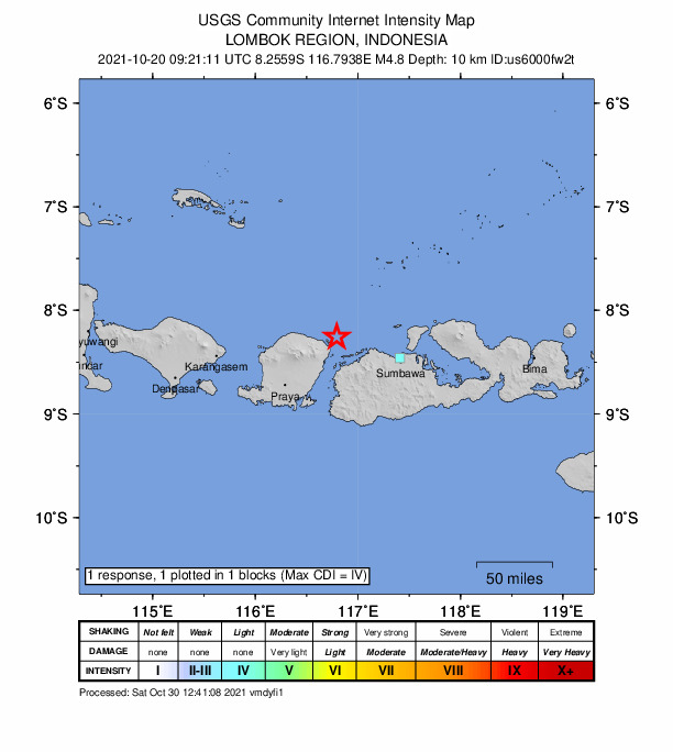 USGS DYFI community-reported intensity map for the M4.8 earthquake near 30 km NNE of Labuan Lombok, Indonesia