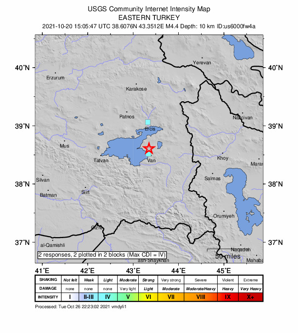 USGS DYFI community-reported intensity map for the M4.4 earthquake near 12 km NNW of Van, Turkey