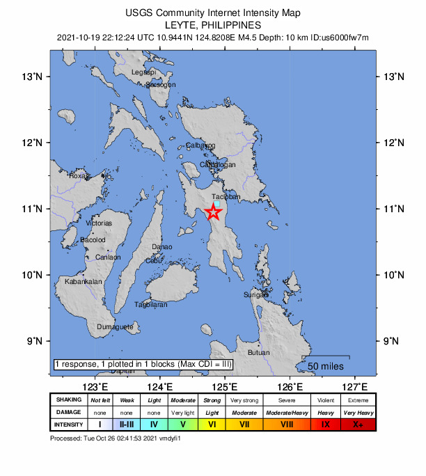 USGS DYFI community-reported intensity map for the M4.5 earthquake near 1 km S of San Pedro, Philippines