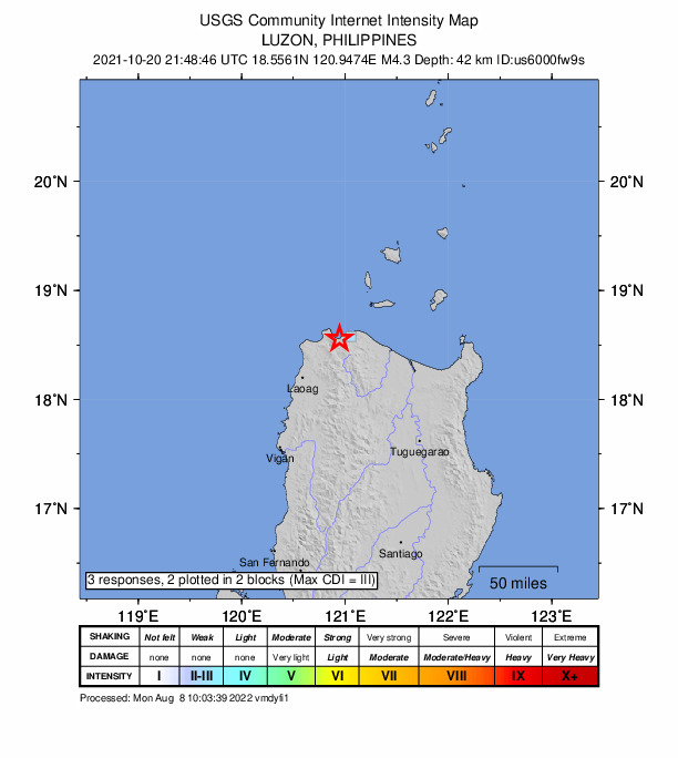 USGS DYFI community-reported intensity map for the M4.3 earthquake near 15 km WSW of Claveria, Philippines