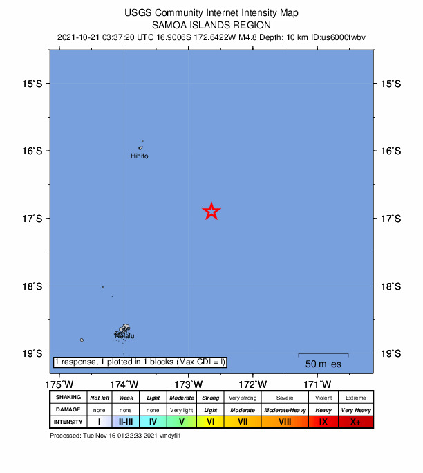 USGS DYFI community-reported intensity map for the M4.8 earthquake near 161 km SE of Hihifo, Tonga